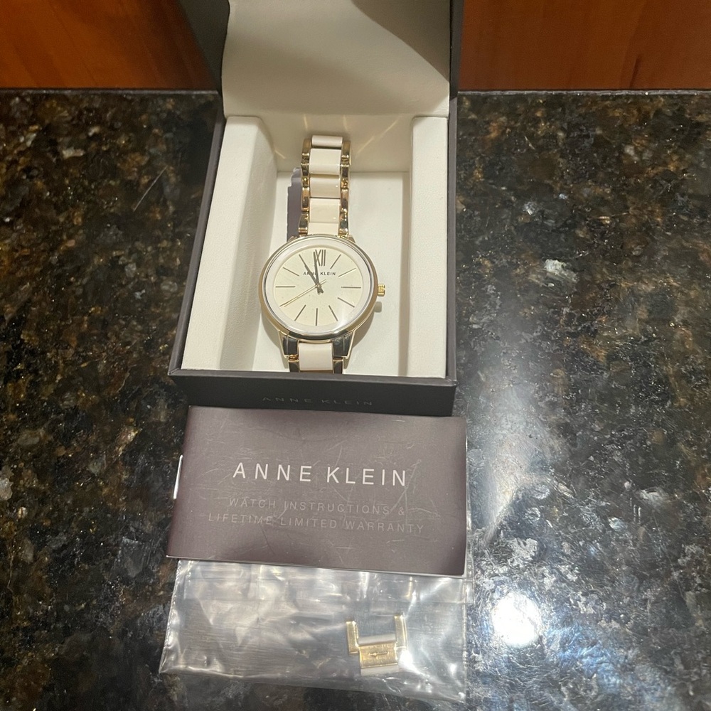 Anne Klein Gold & Cream Ceramic Link Watch - NIB with Extra Link
